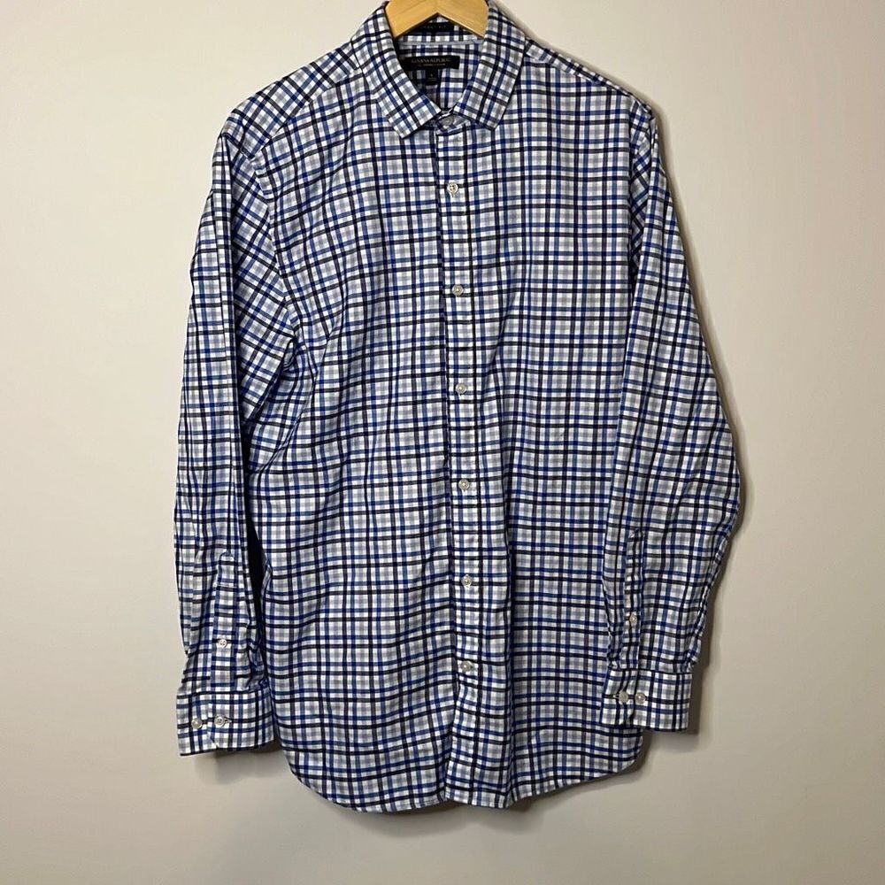 Banana Republic Grant Fit Mens Long Sleeve Non-Iron Dress Shirt Plaid Blue Large